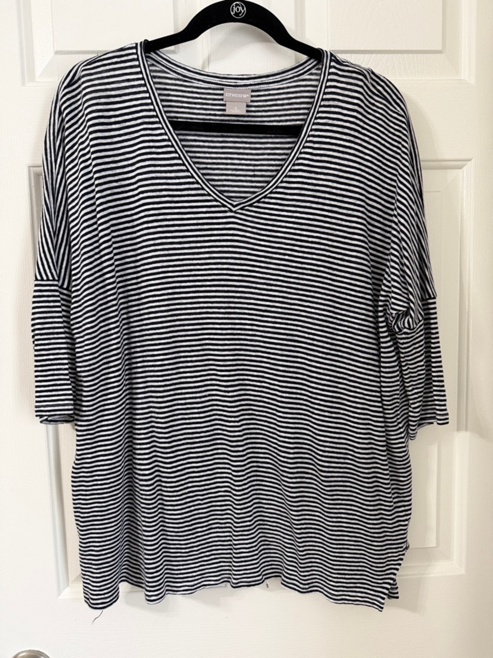 Chico's Linen Navy & White Striped Drop Shoulder Elbow Length Sleeve Tee